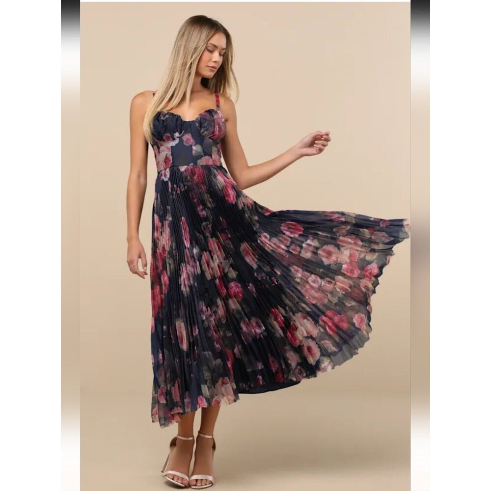 Lulu's Alluring Invite Midnight Blue Floral Pleated Bustier Midi Dress